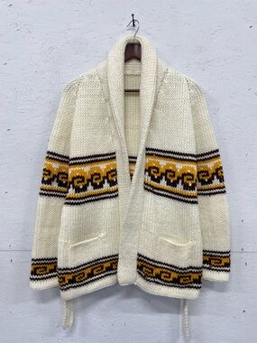 Vintage Hand Knit Curling Sweater Cardigan Shawl Collar, Size M, Cream/Brown